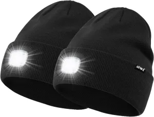 ATNKE 2Pcs LED Lighted Beanie Hat,USB Rechargeable 4 LED Running Headlamp Bright Cap with Light Gifts for Men and Women