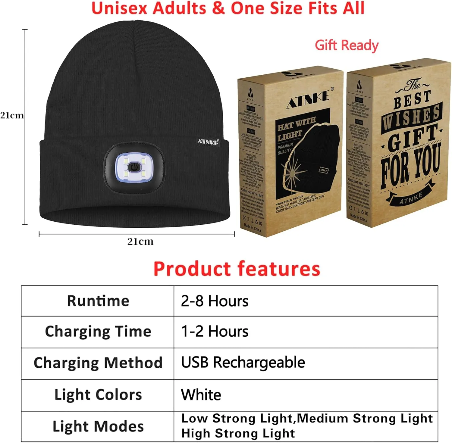 ATNKE 2Pcs LED Lighted Beanie Hat,USB Rechargeable 4 LED Running Headlamp Bright Cap with Light Gifts for Men and Women