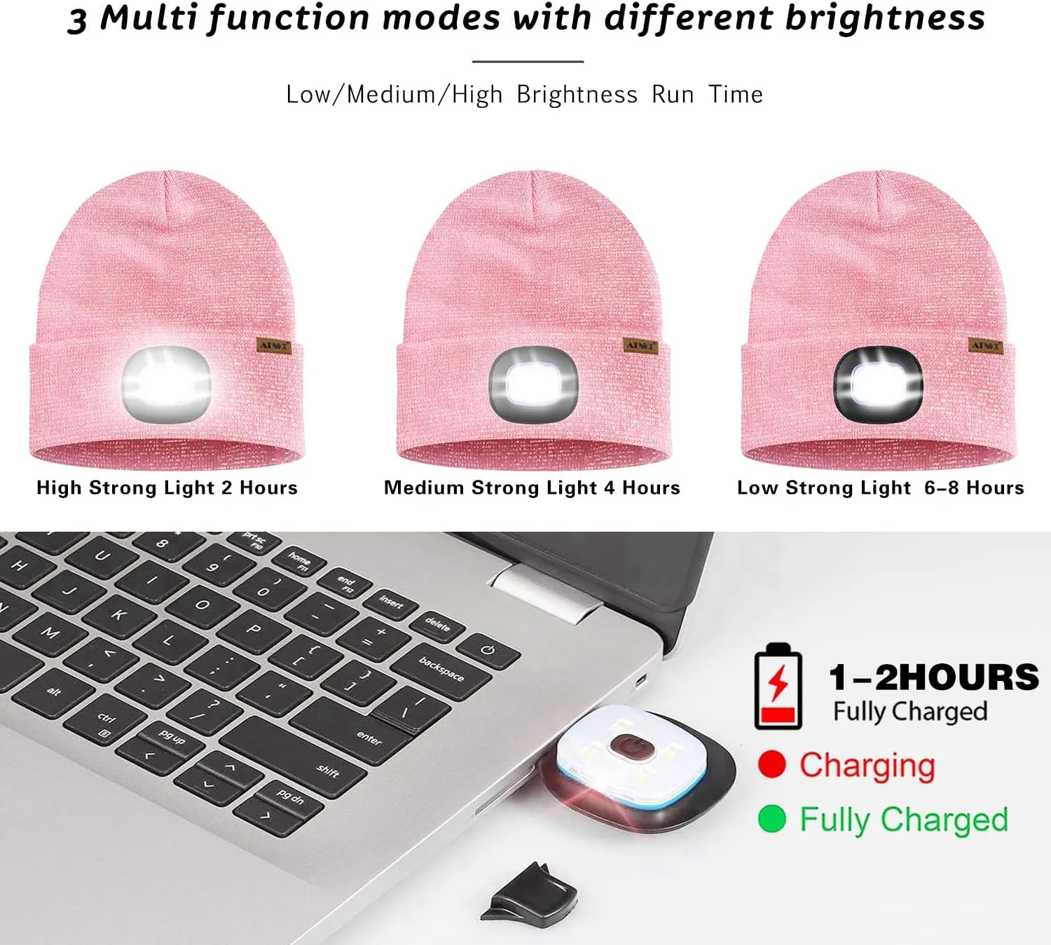 ATNKE LED Lighted Beanie Cap,USB Rechargeable 4 LED Running Headlamp Bright Hat with Light Tech Gifts for Men and Women