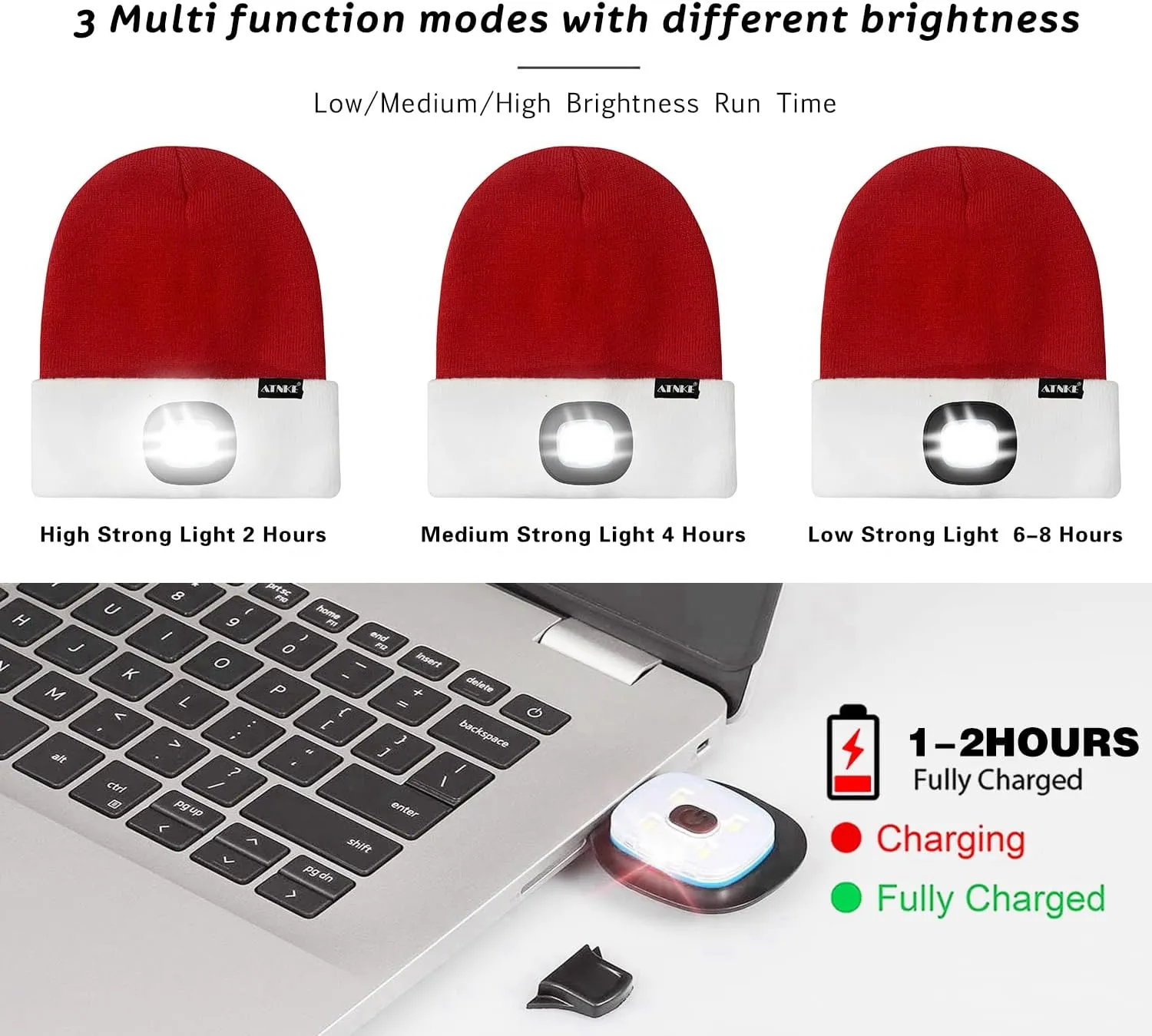 ATNKE LED Lighted Beanie Hat,USB Rechargeable 4 LED Running Headlamp Lined Fleece Cap with Light Gift for Men and Women