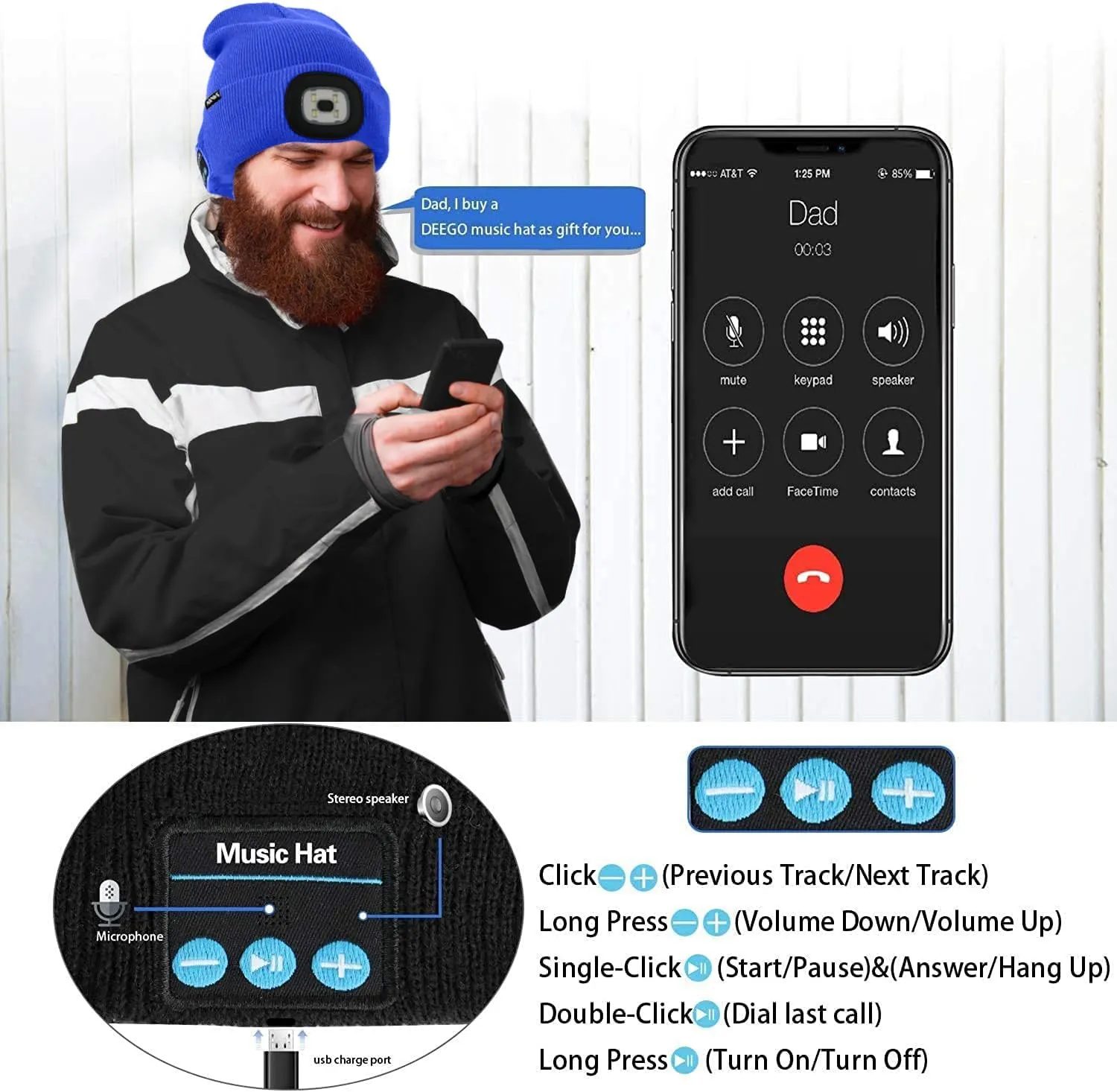 ATNKE LED Lighted Bluetooth Beanie Hat,USB Rechargeable 4 LED Wireless Music Running Headlamp Cap Gift for Men and Women