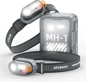 ATuMan MH1 Headlamp Rechargeable, Head lamp 2 Packs with Charging Case Intelligent Multifunctional Headlight with Red Warning Light & 7 Lighting Modes & Motion Sensor for Outdoor Camping Hiking