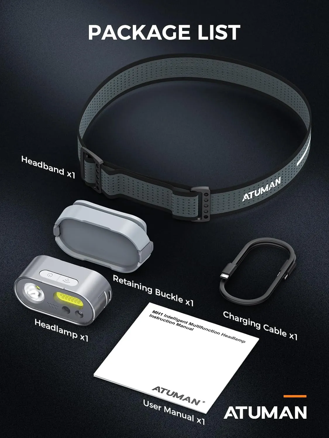 ATuMan MH1 Headlamp Rechargeable, Intelligent Multifunctional Headlight 1 Pack with Red Warning Light and 7 Lighting Modes Lightweight Headlamp with Motion Sensor for Outdoor Camping Hiking Cycling
