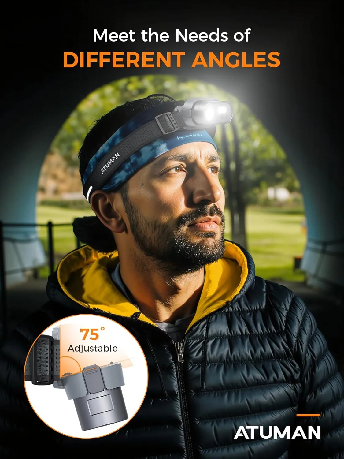 ATuMan MH1 Headlamp Rechargeable, Intelligent Multifunctional Headlight 1 Pack with Red Warning Light and 7 Lighting Modes Lightweight Headlamp with Motion Sensor for Outdoor Camping Hiking Cycling