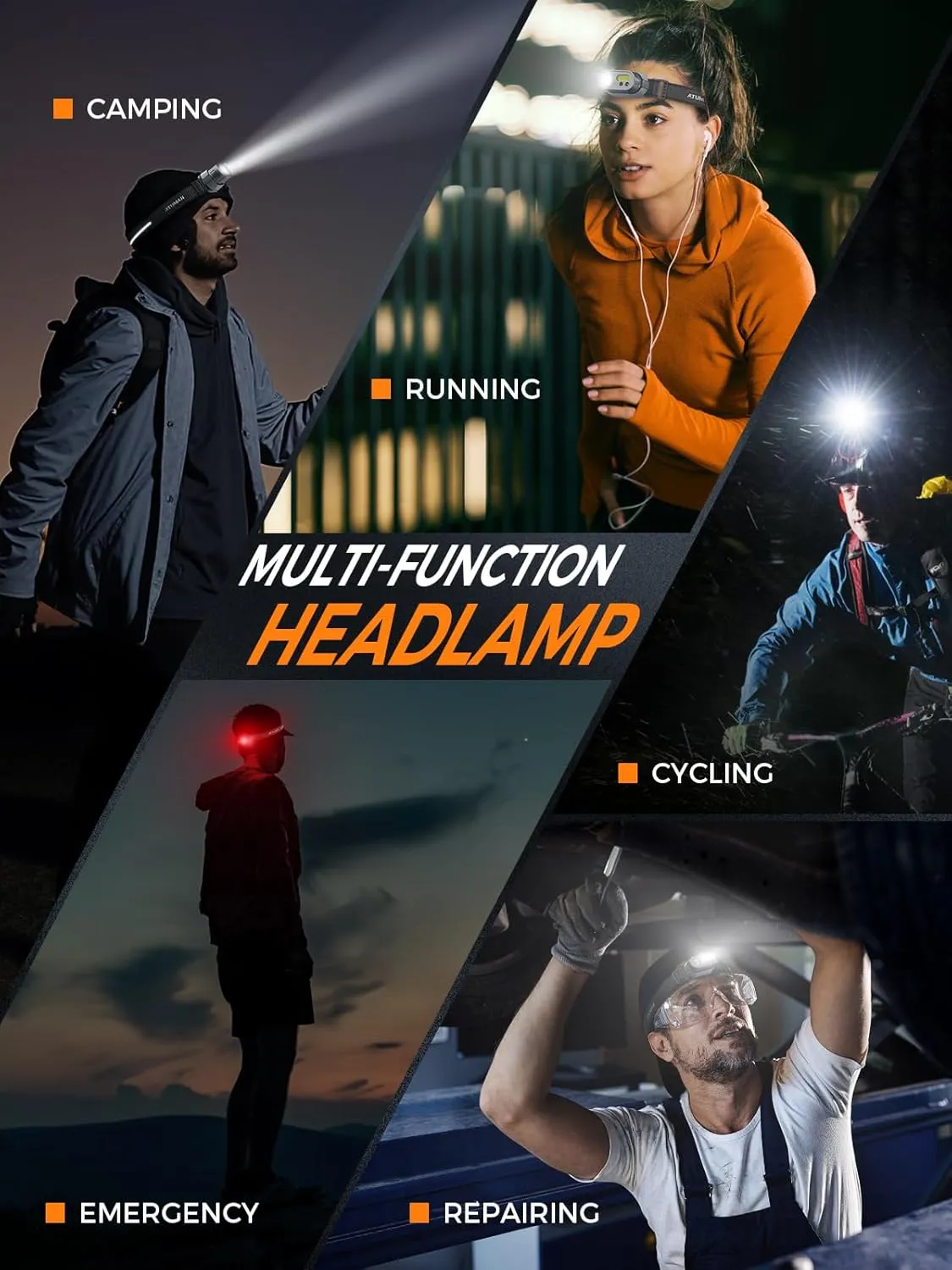 ATuMan MH1 Headlamp Rechargeable, Intelligent Multifunctional Headlight 1 Pack with Red Warning Light and 7 Lighting Modes Lightweight Headlamp with Motion Sensor for Outdoor Camping Hiking Cycling