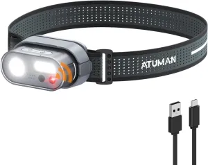 ATuMan MH1 Headlamp Rechargeable, Intelligent Multifunctional Headlight 1 Pack with Red Warning Light and 7 Lighting Modes Lightweight Headlamp with Motion Sensor for Outdoor Camping Hiking Cycling