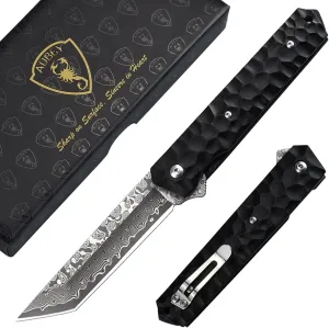 AUBEY Damascus Pocket Knife, Tanto VG10 Core Damascus Steel Folding Knives with Ball Bearing, Aluminum Alloy Non-Slip Handle and Glass Breaker, EDC Damascus Knife for Men Women (Black)