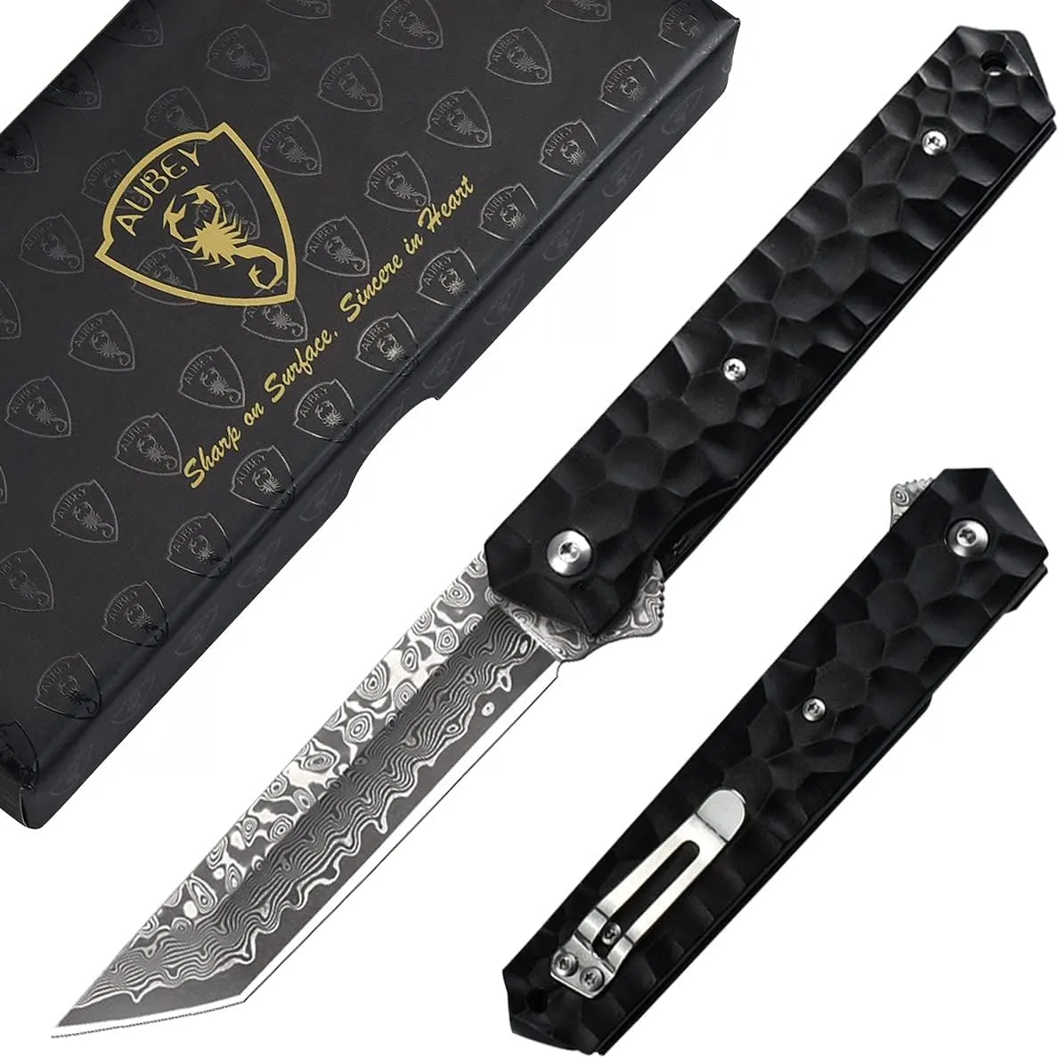 AUBEY Damascus Pocket Knife, Tanto VG10 Core Damascus Steel Folding Knives with Ball Bearing, Aluminum Alloy Non-Slip Handle and Glass Breaker, EDC Damascus Knife for Men Women (Black)