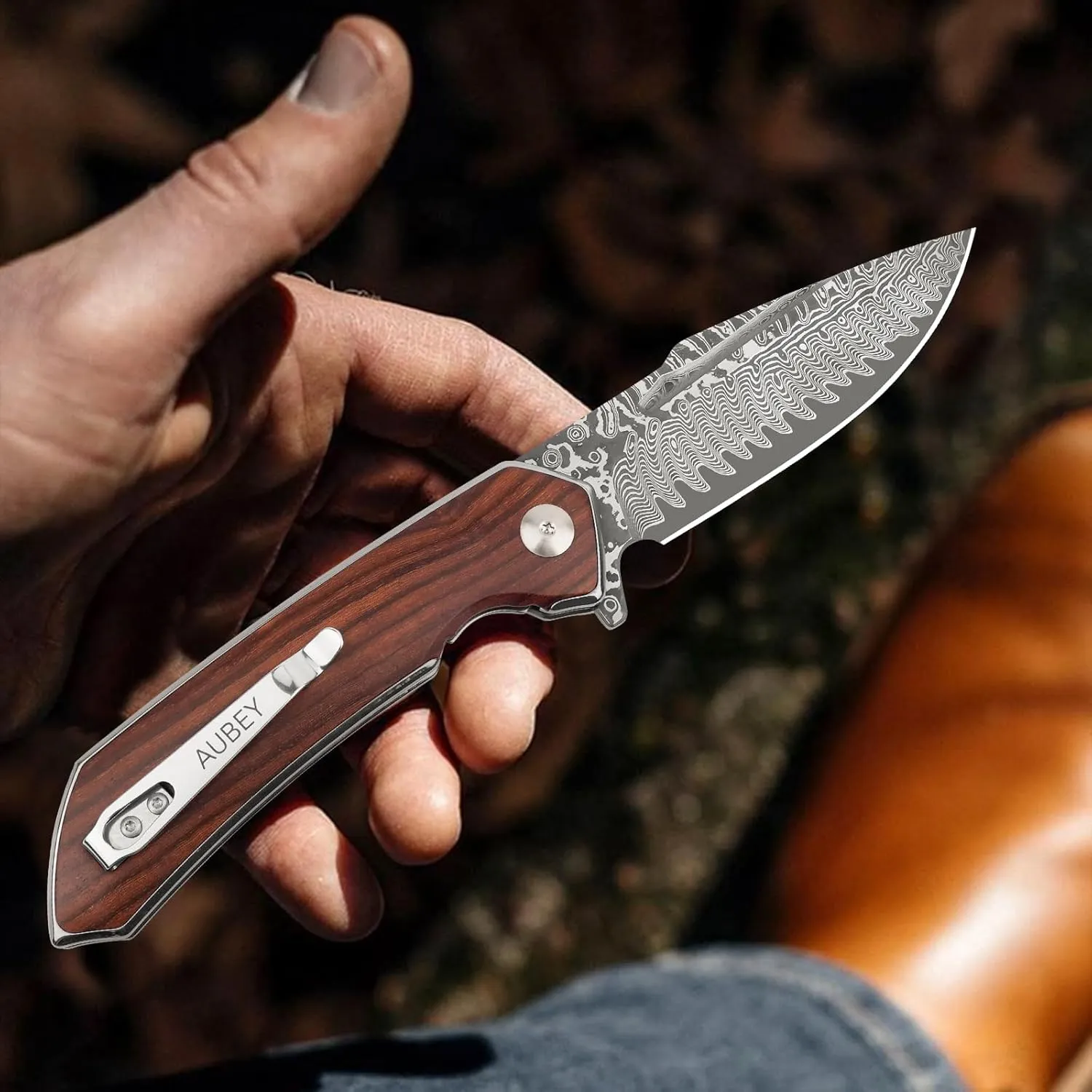 AUBEY Damascus Pocket Knife with Clip, Damascus Steel Blade Folding Knives with Ball Bearing, EDC Knife for Outdoor Camping Collection (Wooden Handle)