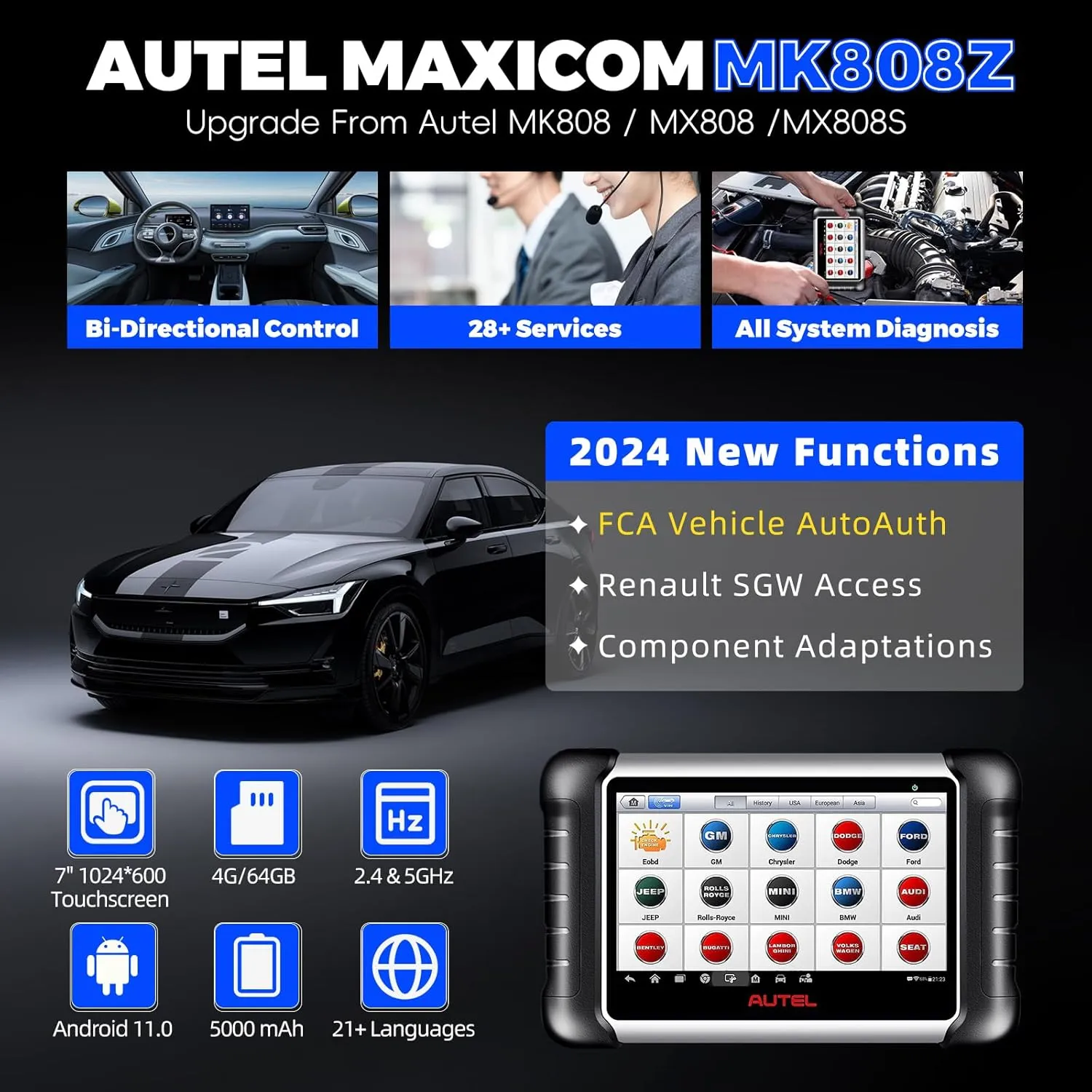 Autel Bidirectional OBD2 Scanner MaxiCOM MK808Z: 2025 All System Diagnostic Scan Tool Same As MK808S MX808S, Universal Car Code Reader with 28  Resets, Alternative of MK900 MX900 MK900BT