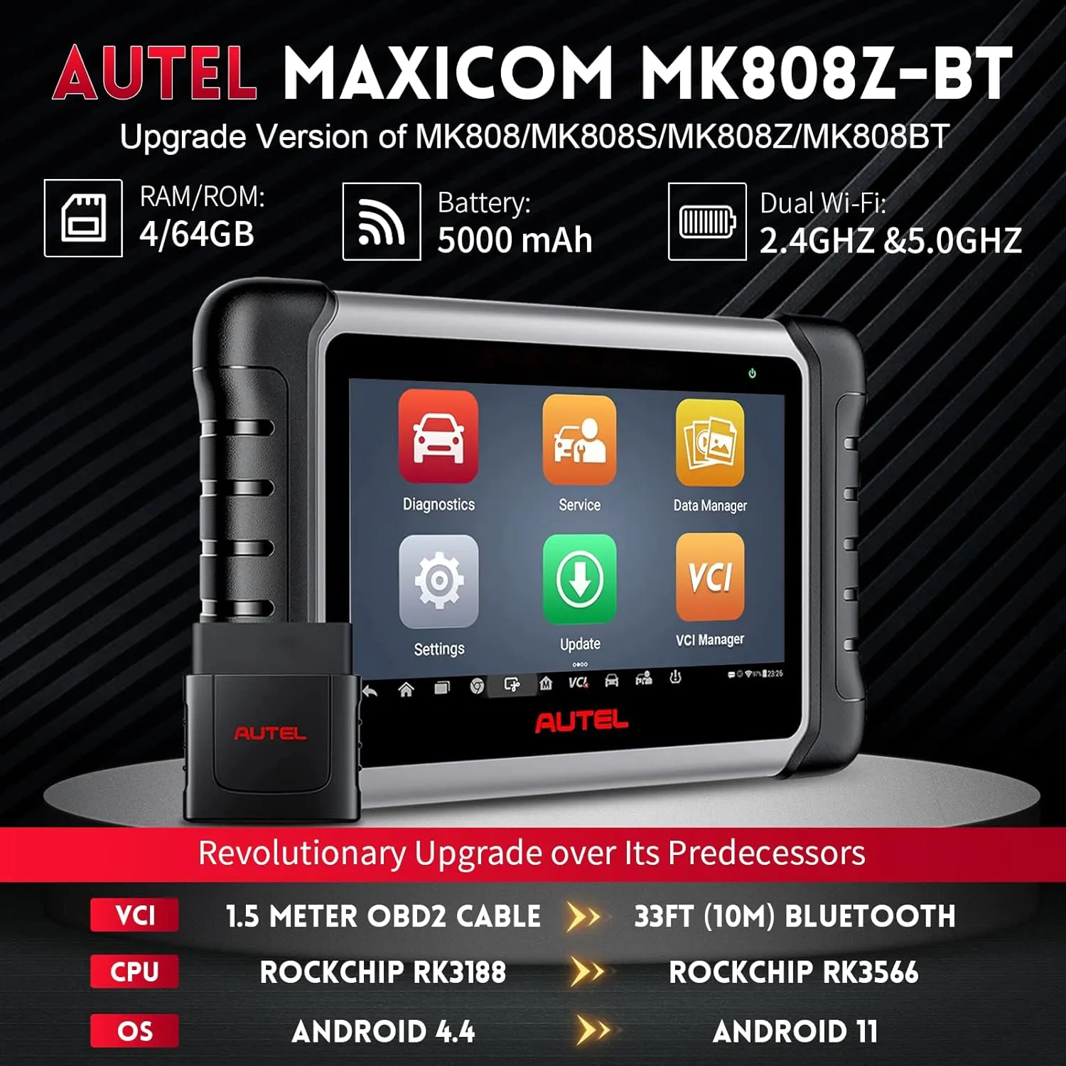 Autel Scanner MaxiCOM MK808Z-BT: Same As MK808BT Pro, 2024 Android 11 Bidirectional Scan Tool with 28  Services, MK808S & MX808S & MK808 Upgraded, Bluetooth OBD2 Scanner Support BT506 & FCA AutoAuth