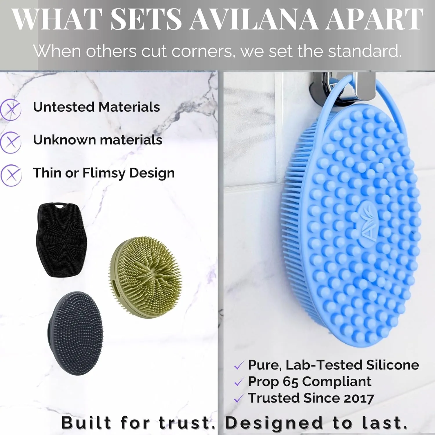 Avilana Silicone Body Scrubber – Dual-Sided Exfoliator for Men & Women, Gentle Loofah Alternative, Easy-to-Clean Silicone Shower Scrubber (Lavender with Silver)