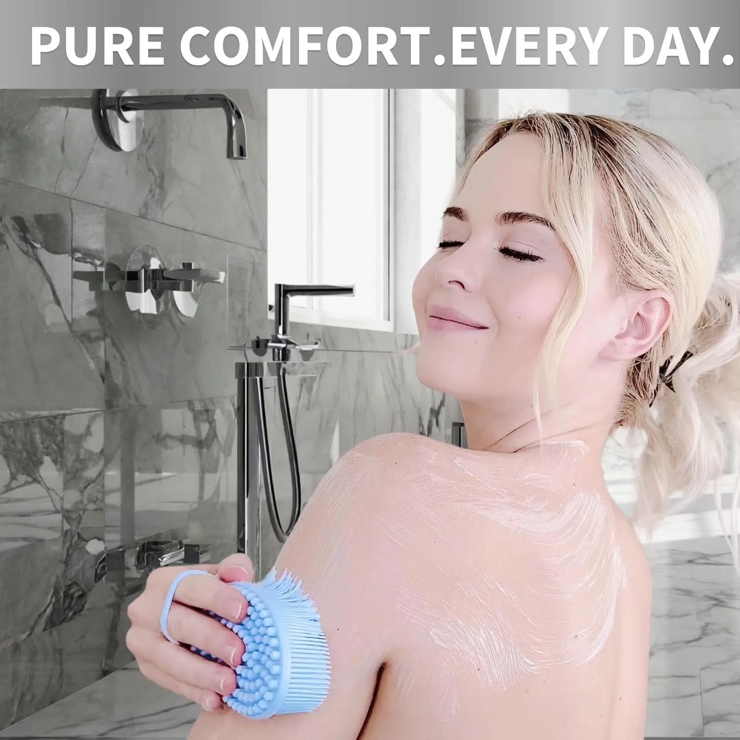 Avilana Silicone Body Scrubber – Dual-Sided Exfoliator for Men & Women, Gentle Loofah Alternative, Easy-to-Clean Silicone Shower Scrubber (Lavender with Silver)