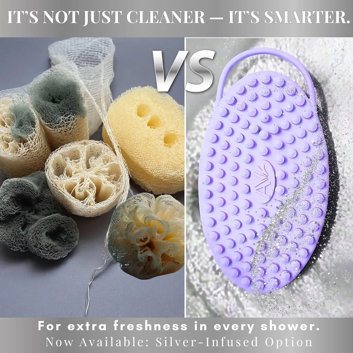 Avilana Silicone Body Scrubber – Dual-Sided Exfoliator for Men & Women, Gentle Loofah Alternative, Easy-to-Clean Silicone Shower Scrubber (Lavender with Silver)