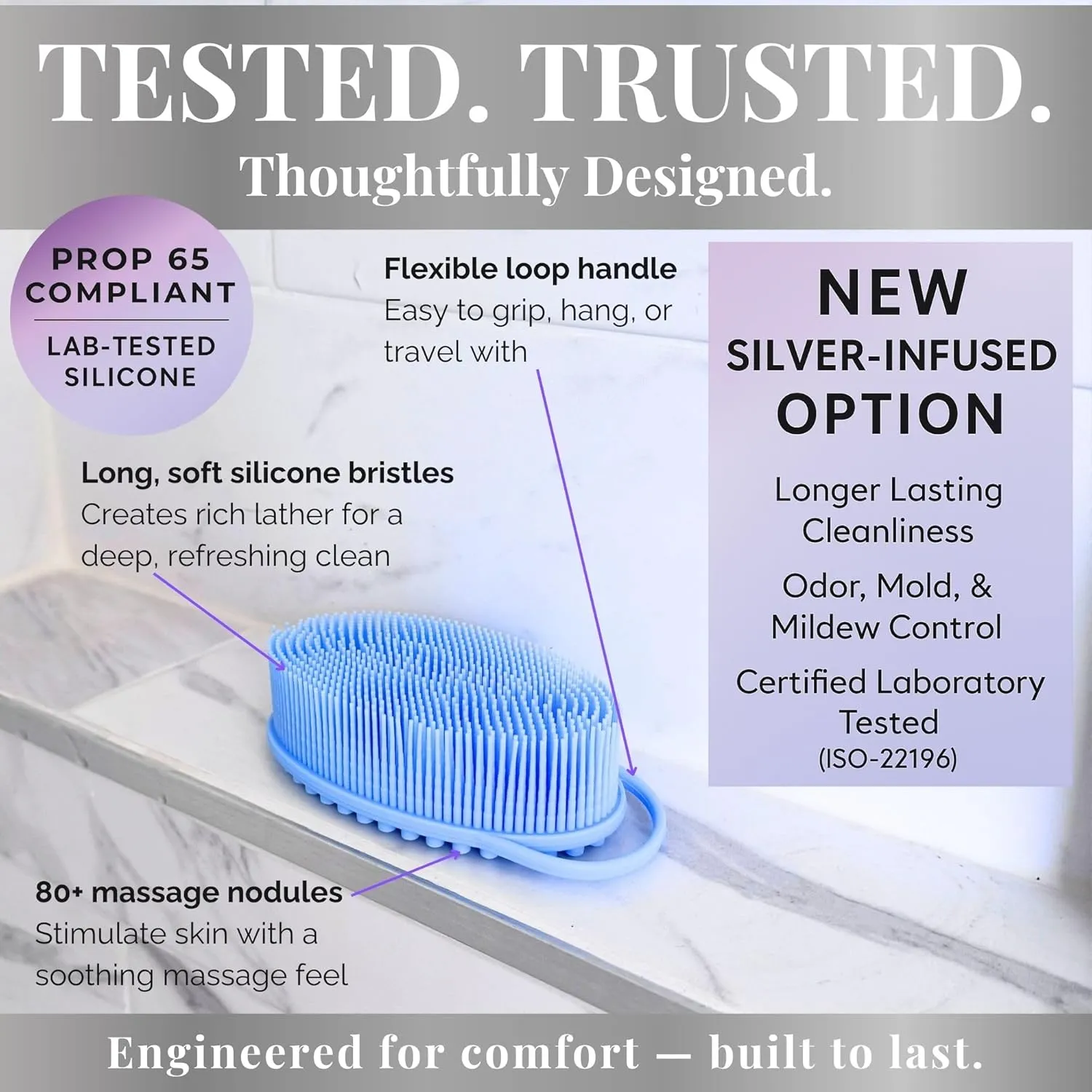 Avilana Silicone Body Scrubber – Dual-Sided Exfoliator for Men & Women, Gentle Loofah Alternative, Easy-to-Clean Silicone Shower Scrubber (Lavender with Silver)