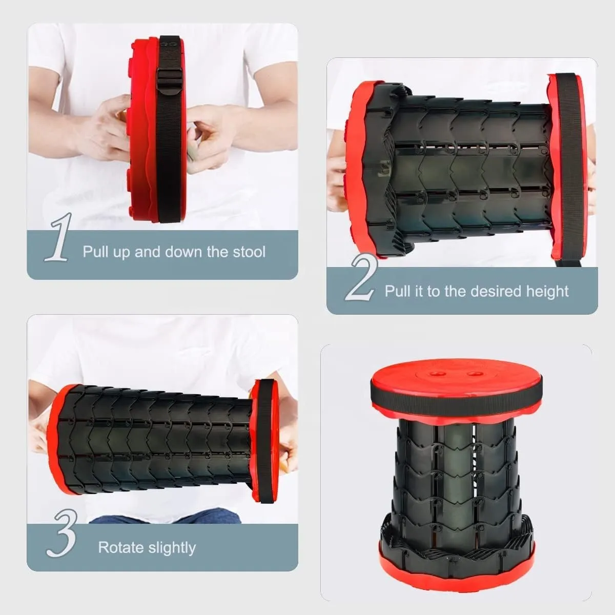 AZM Displays Retractable Folding Stool, Collapsible Portable Chair, Sturdy Telescopic Stool, Lightweight for Camping, Fishing, Hiking, Long Lines, Amusement Parks, (Red)