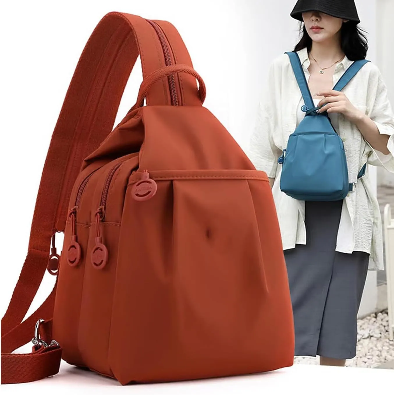 Backpack Chest Bags Double Zipper Large Capacity, Large Capacity Oxford Crossbody Backpack with Anti-Theft Design (Red)
