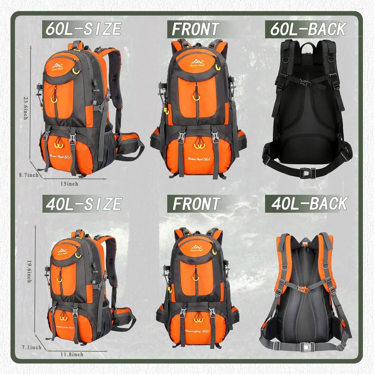 Backpack Hiking Camping Backpack Daypack 40L 50L 60L Water Resistant Lightweight Travel Backpack For Wemen Men (Orange, 40L)