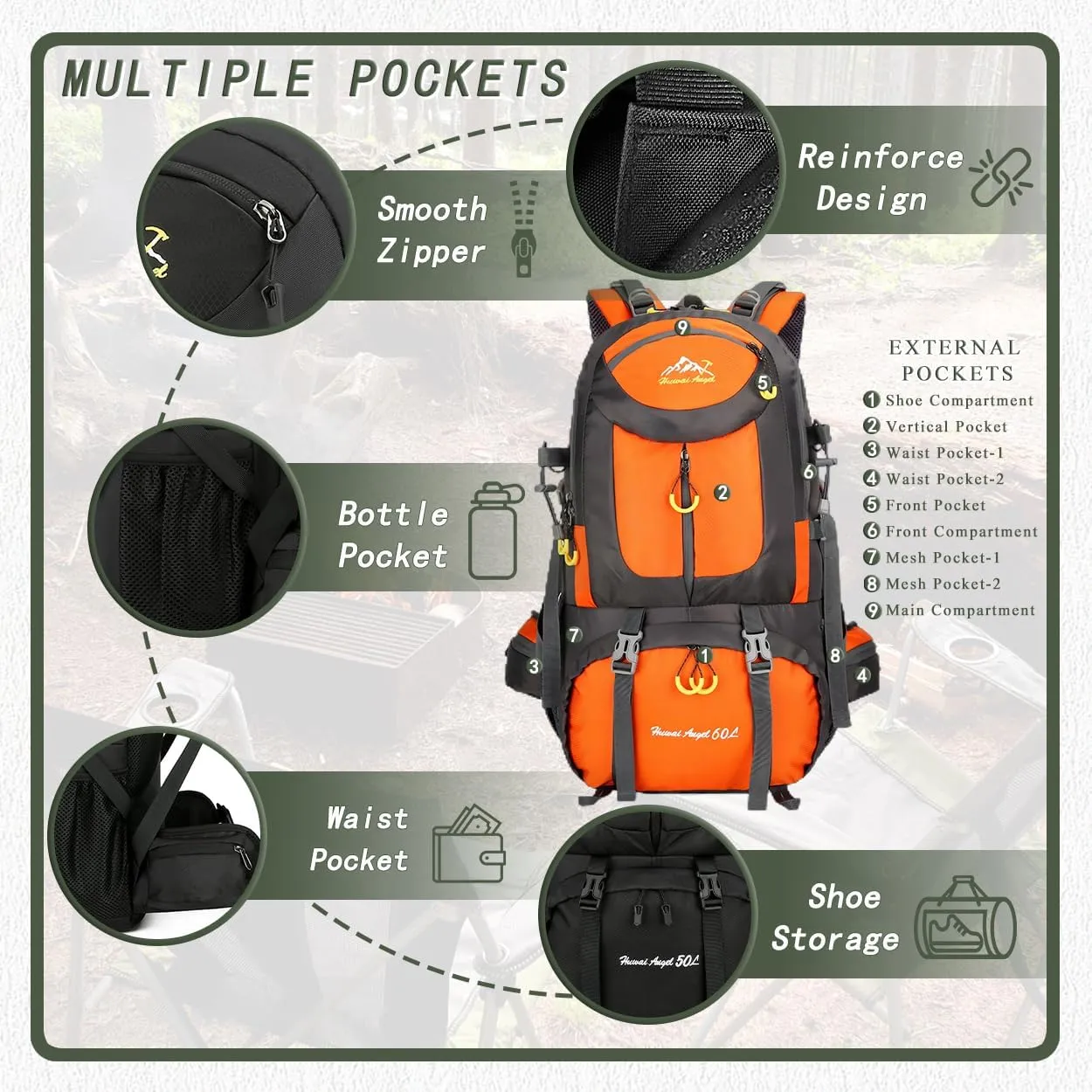 Backpack Hiking Camping Backpack Daypack 40L 50L 60L Water Resistant Lightweight Travel Backpack For Wemen Men (Orange, 40L)