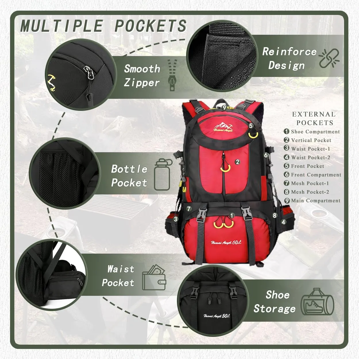 Backpack Hiking Camping Backpack Daypack 40L 50L 60L Water Resistant Lightweight Travel Backpack For Wemen Men (Red, 60L)