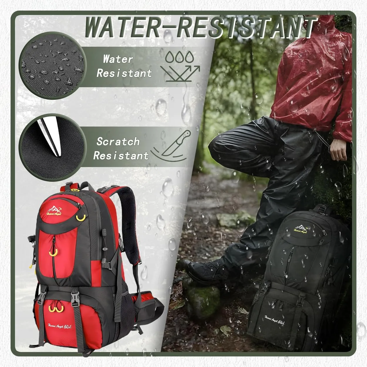 Backpack Hiking Camping Backpack Daypack 40L 50L 60L Water Resistant Lightweight Travel Backpack For Wemen Men (Red, 60L)
