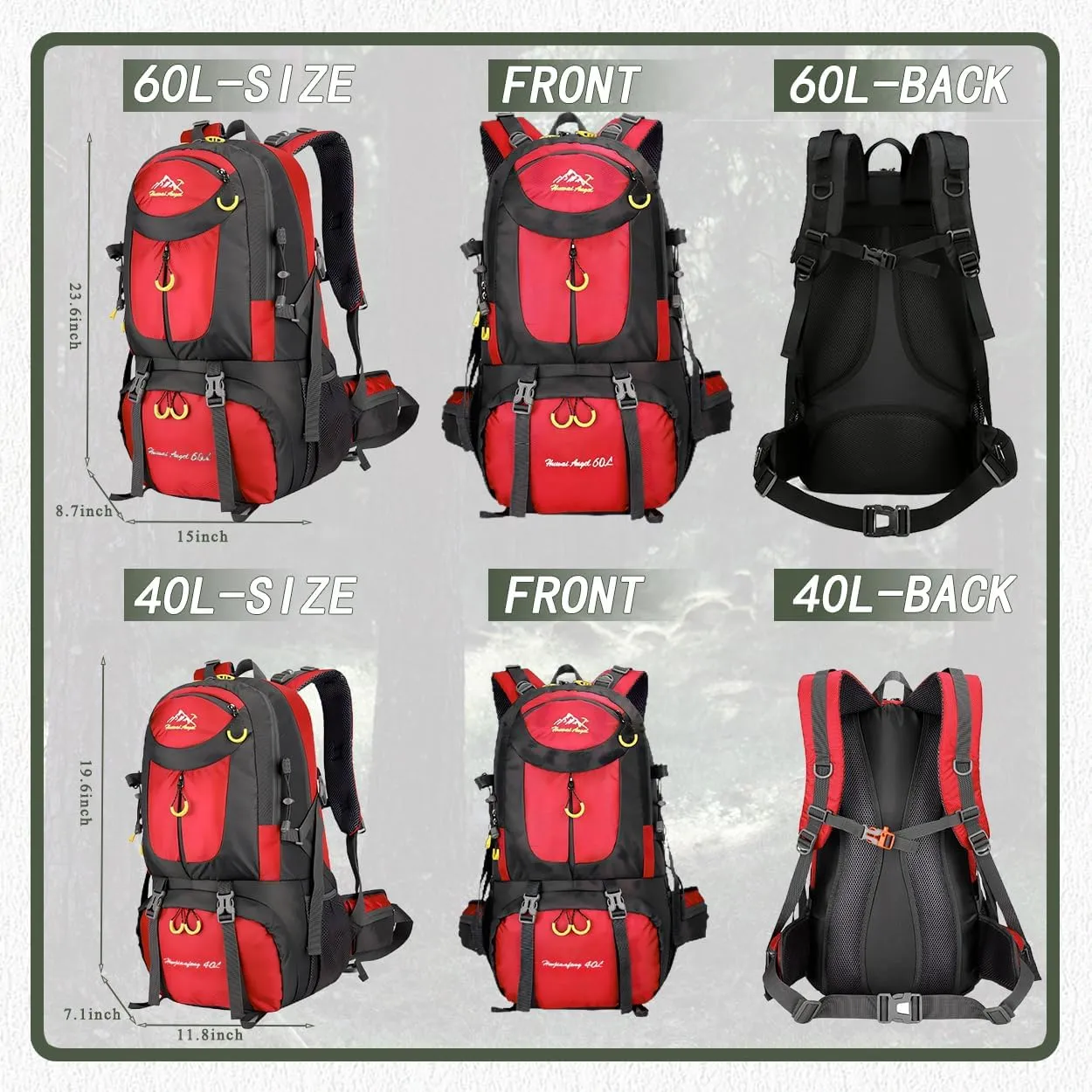 Backpack Hiking Camping Backpack Daypack 40L 50L 60L Water Resistant Lightweight Travel Backpack For Wemen Men (Red, 60L)