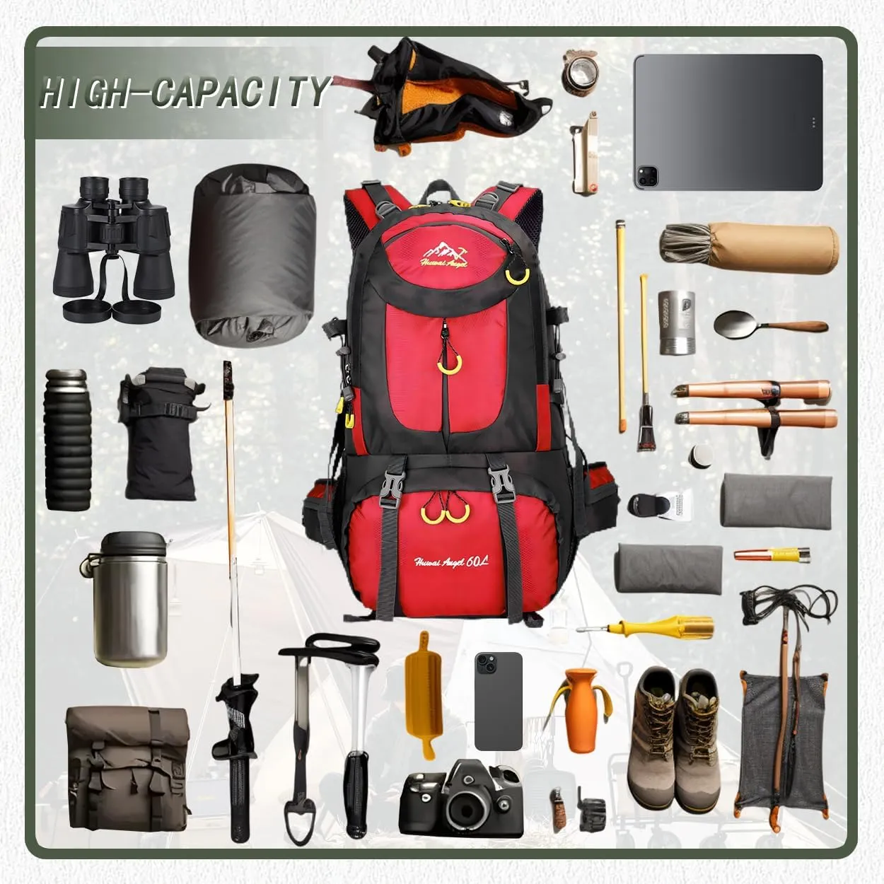 Backpack Hiking Camping Backpack Daypack 40L 50L 60L Water Resistant Lightweight Travel Backpack For Wemen Men (Red, 60L)