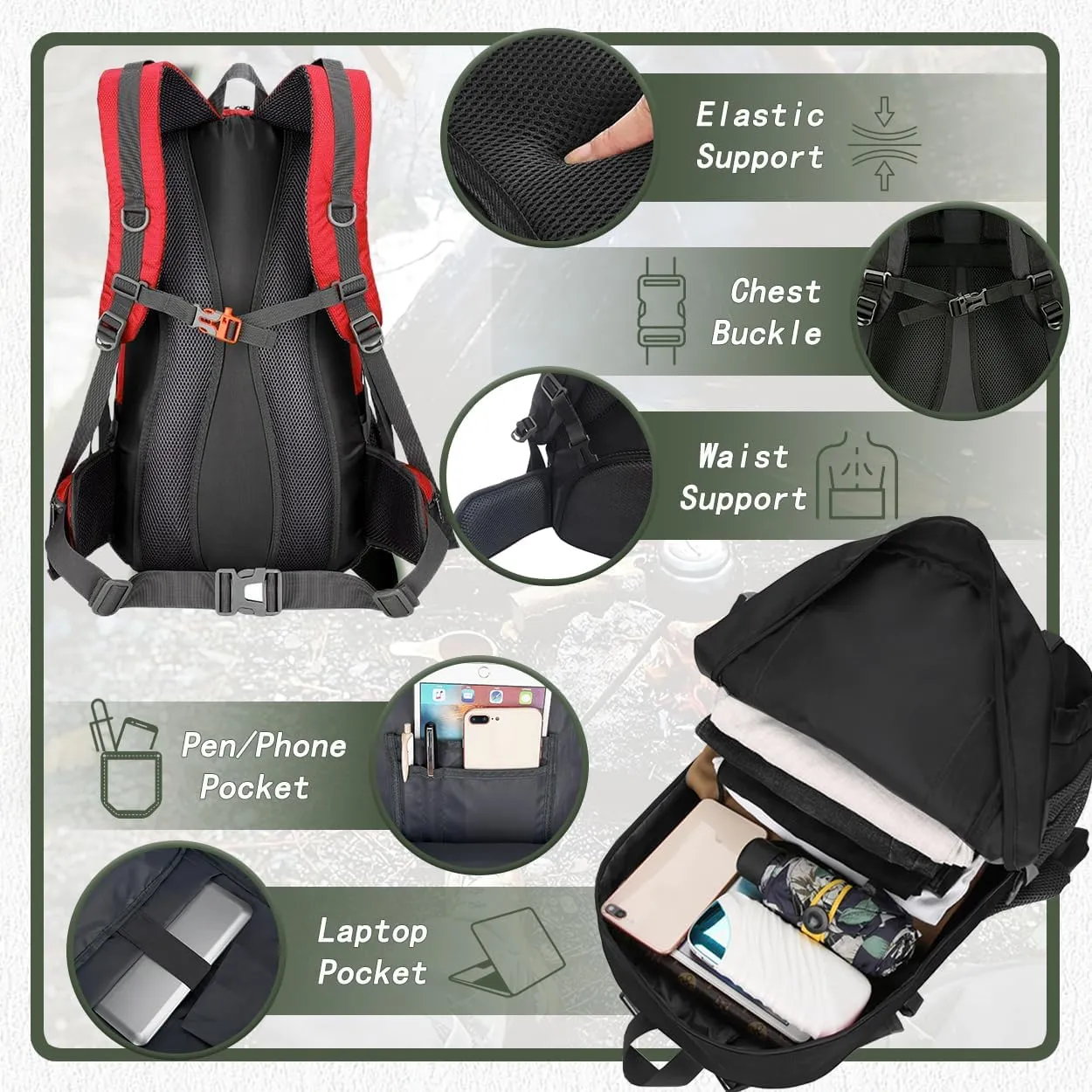 Backpack Hiking Camping Backpack Daypack 40L 50L 60L Water Resistant Lightweight Travel Backpack For Wemen Men (Red, 60L)