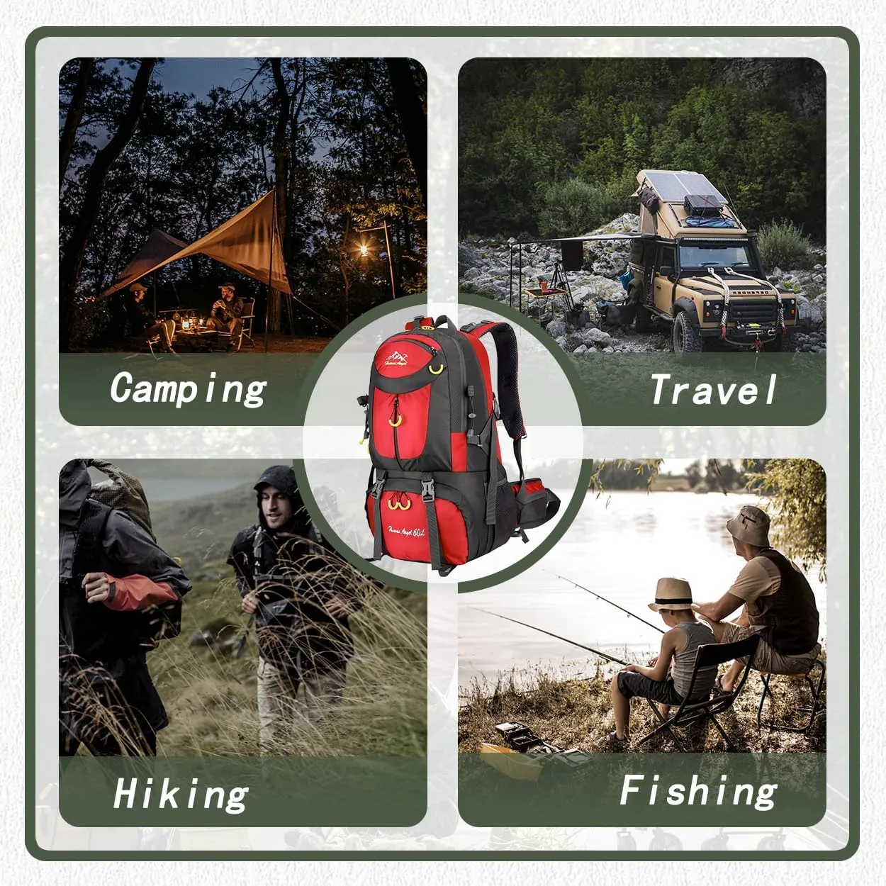 Backpack Hiking Camping Backpack Daypack 40L 50L 60L Water Resistant Lightweight Travel Backpack For Wemen Men (Red, 60L)