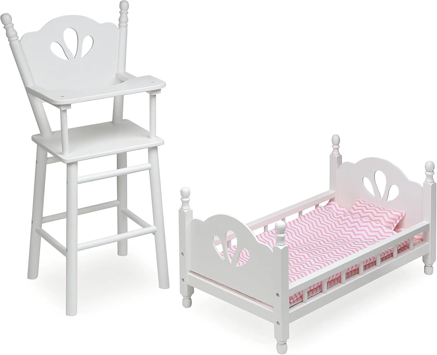 Badger Basket Charming English Country Doll High Chair and Bed Set with Chevron Bedding for 18-Inch Dolls in White and Pink
