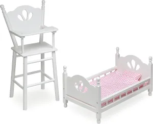 Badger Basket Charming English Country Doll High Chair and Bed Set with Chevron Bedding for 18-Inch Dolls in White and Pink