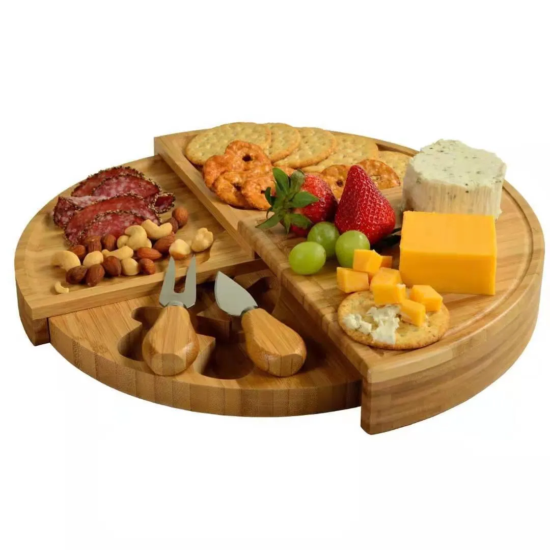 Bamboo Cheese Board and Knife Set, Cheese Platter Serving Tray, Foldable Charcuterie Boards Set