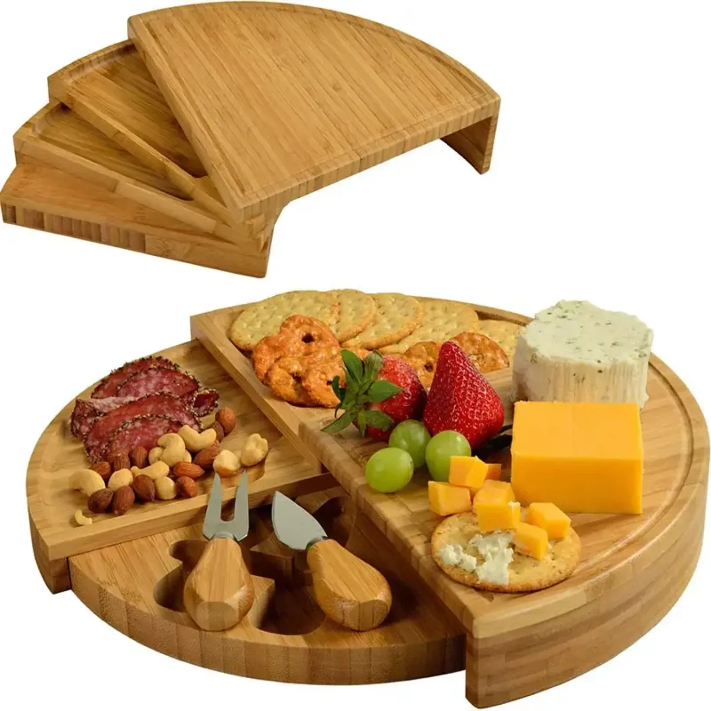 Bamboo Cheese Board and Knife Set, Cheese Platter Serving Tray, Foldable Charcuterie Boards Set