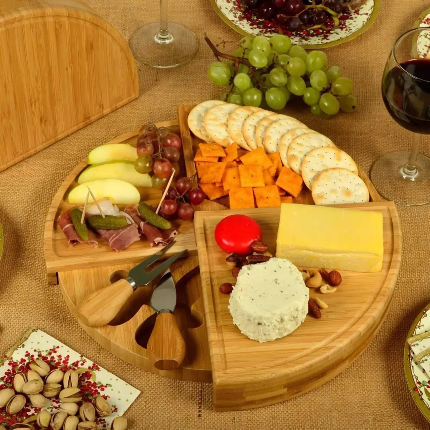 Bamboo Cheese Board and Knife Set, Cheese Platter Serving Tray, Foldable Charcuterie Boards Set
