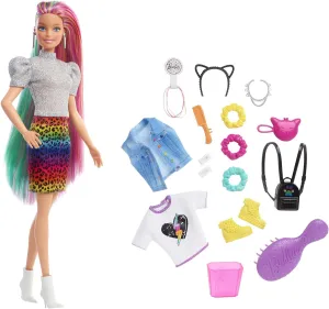 Barbie Doll Leopard Rainbow Hair with Color-Change Highlights & 16 Styling Accessories Including Clothes, Scrunchies, Brush & More