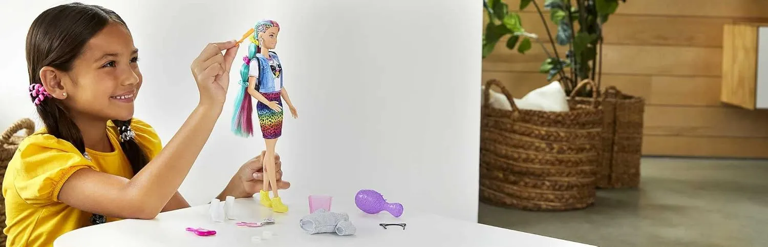 Barbie Doll Leopard Rainbow Hair with Color-Change Highlights & 16 Styling Accessories Including Clothes, Scrunchies, Brush & More