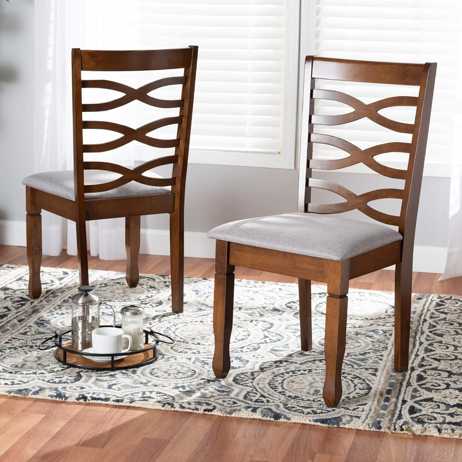 Baxton Studio Lanier Dining Chair Set - Grey Fabric Upholstered, Walnut Brown Finished Wood