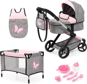 Bayer Design Dolls: Xeo Mega 10 Piece Set - Grey, Pink, Fairy - Pram, Bed, Handbag, Feeding & Care Accessories for Dolls Up to 18", Kids Toy, Ages 3 