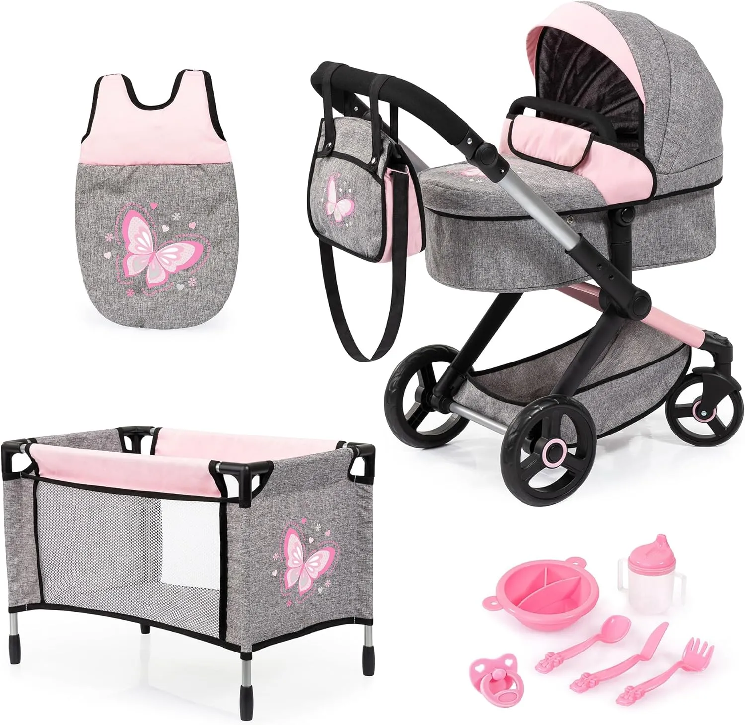 Bayer Design Dolls: Xeo Mega 10 Piece Set - Grey, Pink, Fairy - Pram, Bed, Handbag, Feeding & Care Accessories for Dolls Up to 18", Kids Toy, Ages 3 