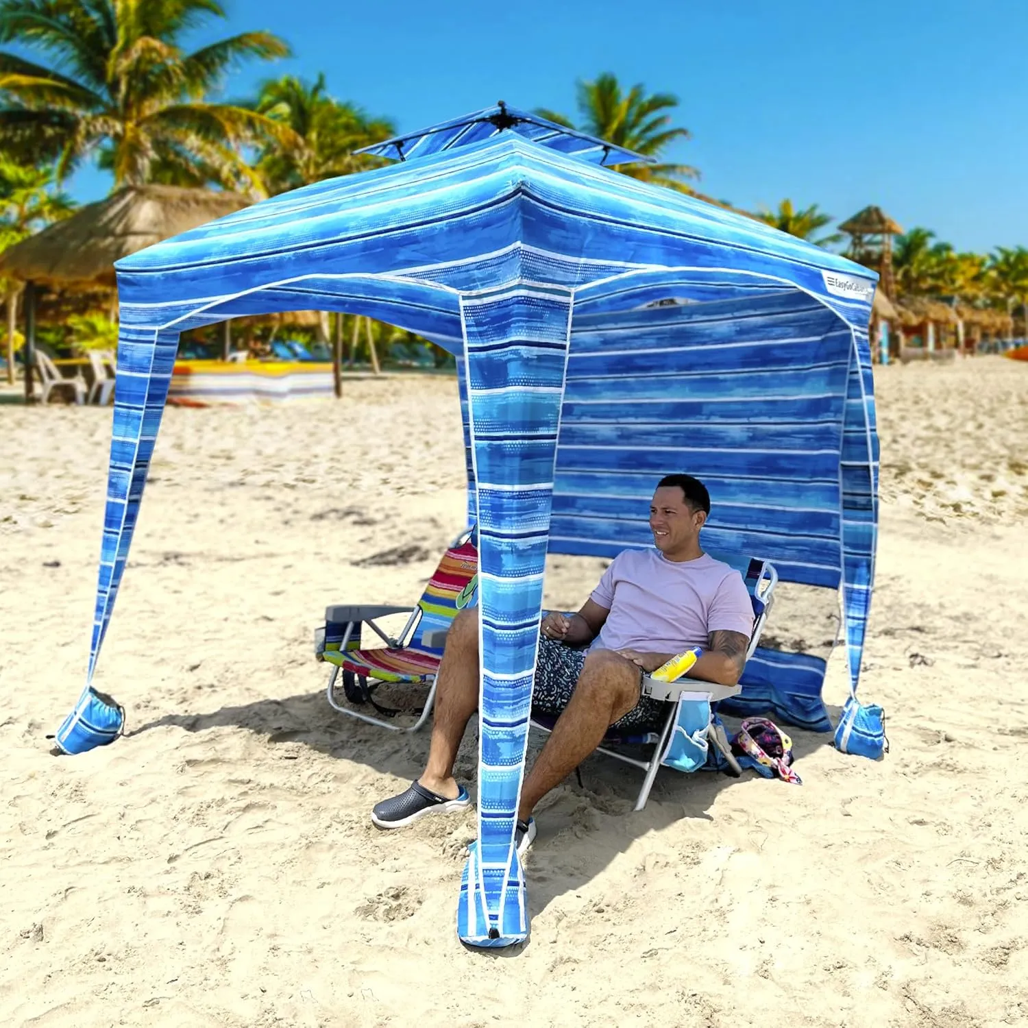 Beach Cabana Canopy Shelter – Sun Shade Tent – 6’ X 6’ - UPF 50  - Waterproof - Easy Setup – 2 Layer Wind Vent Umbrella – 6 Ft X 6 Ft – BONUS sidewall – Beach, Lake, Park for Family - 2 to 4 People