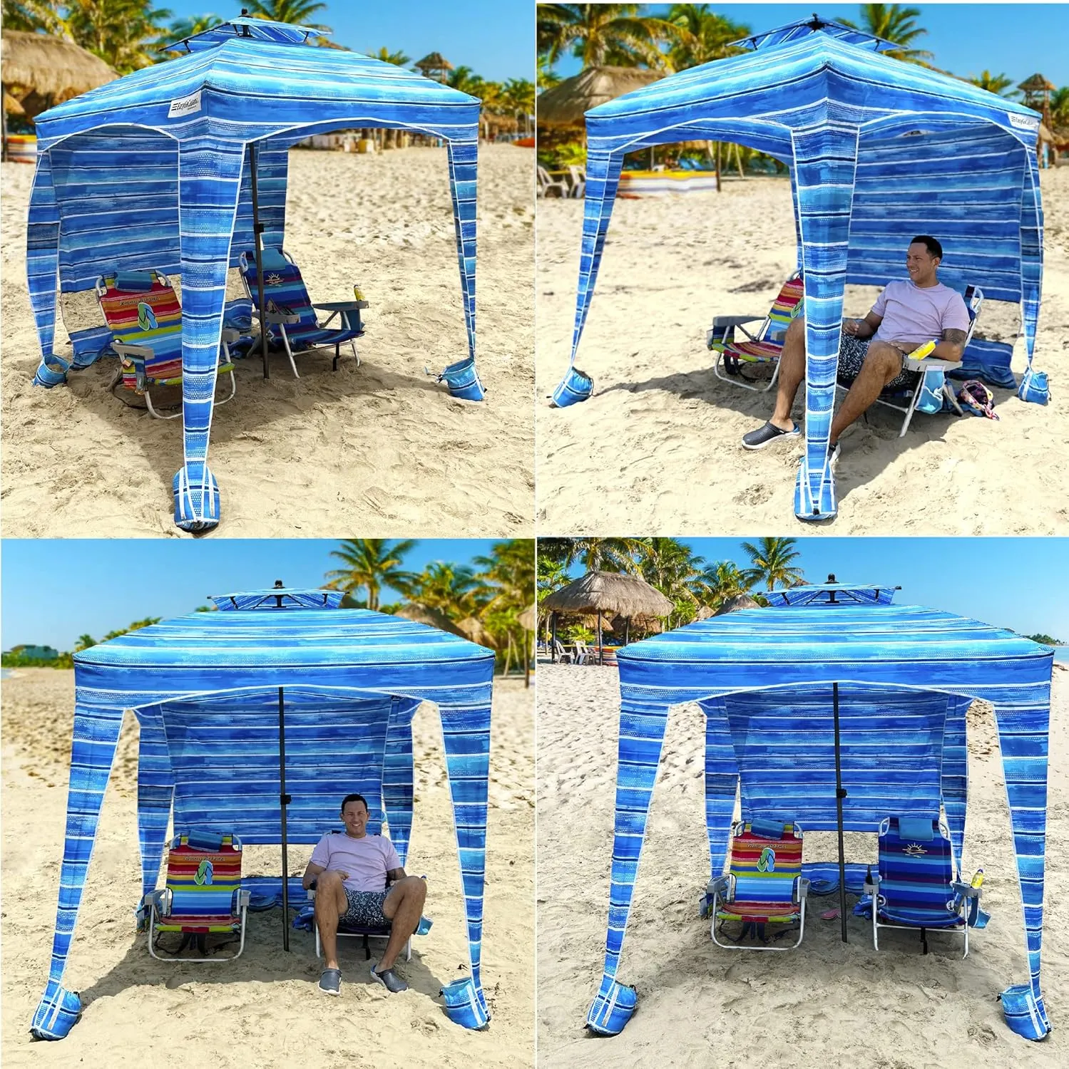 Beach Cabana Canopy Shelter – Sun Shade Tent – 6’ X 6’ - UPF 50  - Waterproof - Easy Setup – 2 Layer Wind Vent Umbrella – 6 Ft X 6 Ft – BONUS sidewall – Beach, Lake, Park for Family - 2 to 4 People