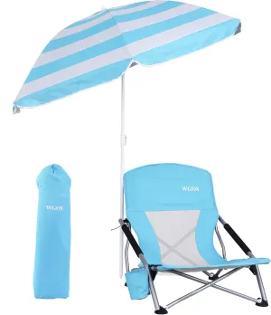 Beach Chair Low Beach Chairs for Adults Beach Chair with Folding Chair Detachable SPF 50  Umbrella, Armrests, Cup Holder, Portable Sand Chair for Beach (1-Pack Blue)