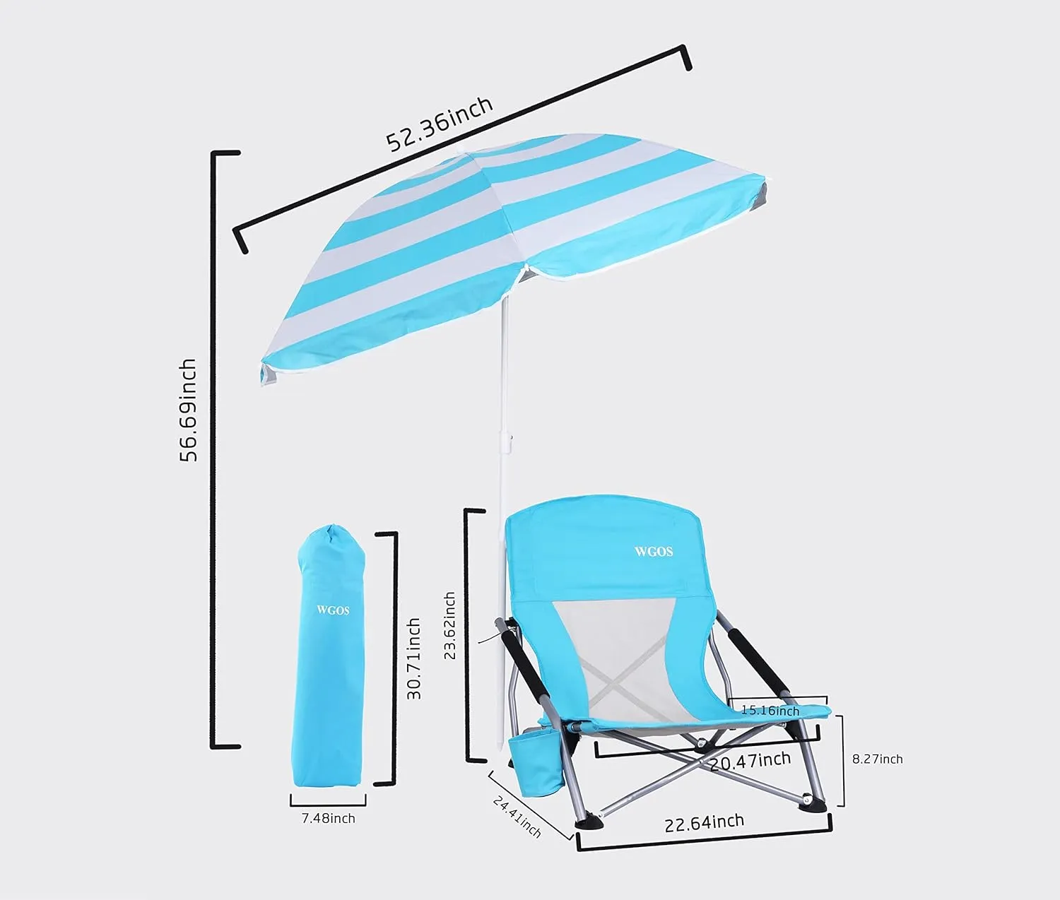 Beach Chair Low Beach Chairs for Adults Beach Chair with Folding Chair Detachable SPF 50  Umbrella, Armrests, Cup Holder, Portable Sand Chair for Beach (1-Pack Blue)