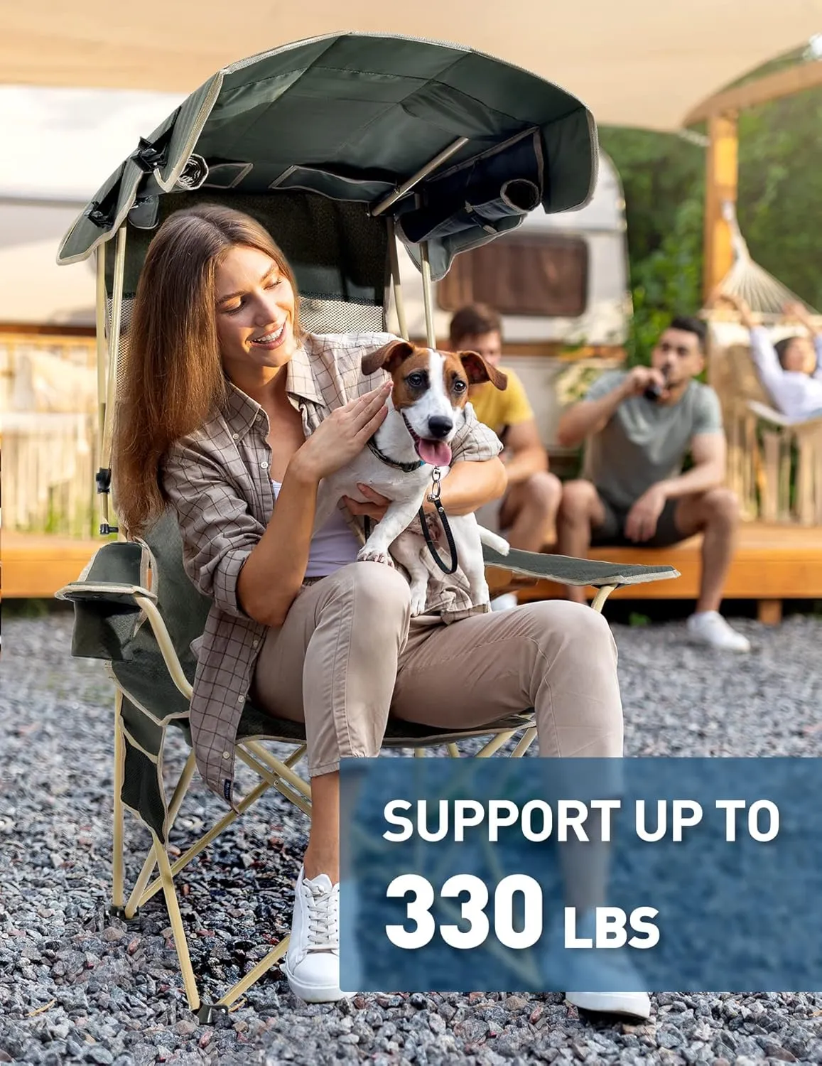 Beach Chair with Canopy Shade, Folding Camping Chair with Canopy with Cup Holder, Side Pocket for Camp, Beach, Tailgates, Fishing - Support 330 LBS