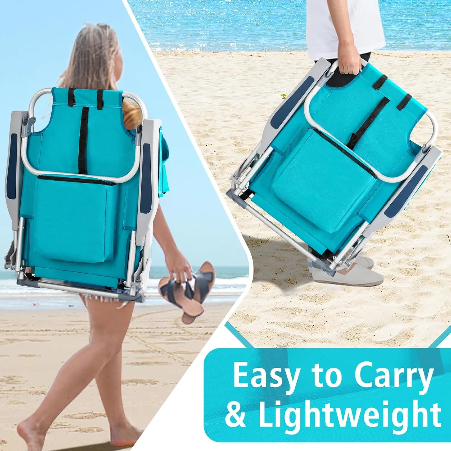 Beach Chairs for Adults, Compact Portable Lay Flat Folding Beach Chair with Backpack Straps and Large Cooler Pouch, Support to 220LBS (Mint Green)