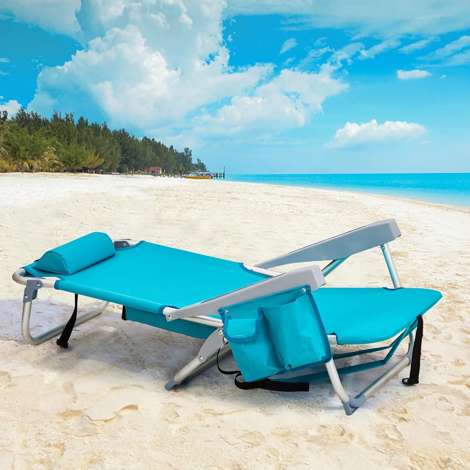 Beach Chairs for Adults, Compact Portable Lay Flat Folding Beach Chair with Backpack Straps and Large Cooler Pouch, Support to 220LBS (Mint Green)