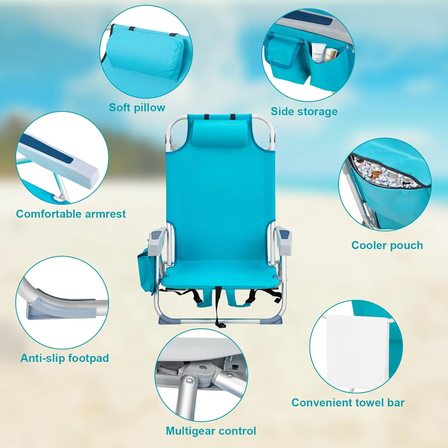 Beach Chairs for Adults, Compact Portable Lay Flat Folding Beach Chair with Backpack Straps and Large Cooler Pouch, Support to 220LBS (Mint Green)