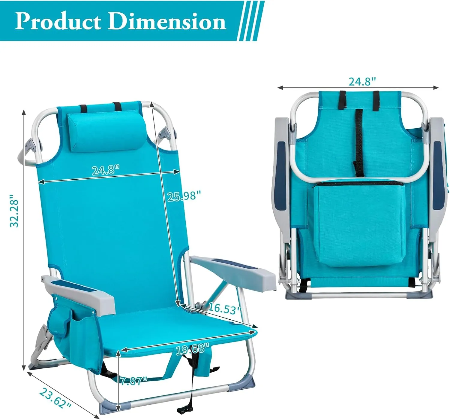 Beach Chairs for Adults, Compact Portable Lay Flat Folding Beach Chair with Backpack Straps and Large Cooler Pouch, Support to 220LBS (Mint Green)