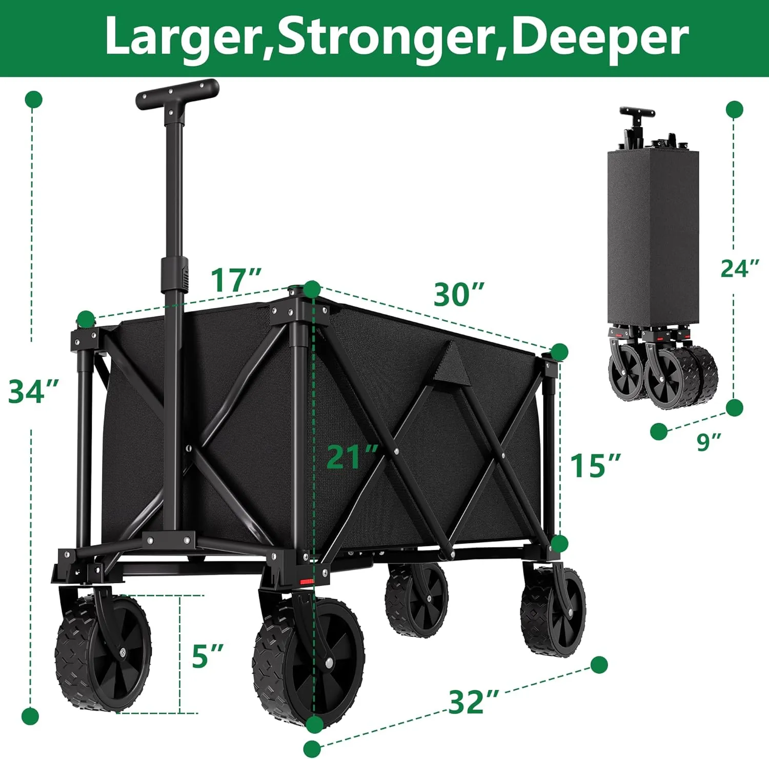 BEAU JARDIN Collapsible Folding Wagon Cart with Wheels Foldable Wagons Heavy Duty Utility Cart for Grocery Camping Garden Outdoor Fishing Sports Shopping Black