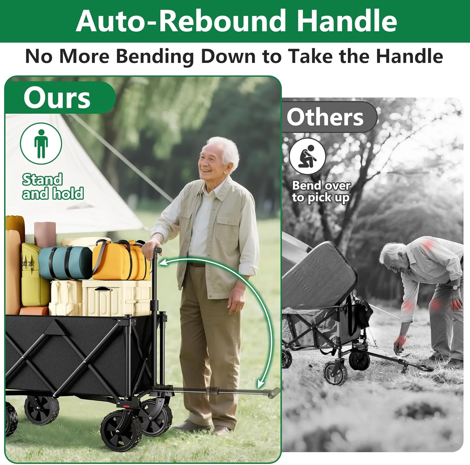 BEAU JARDIN Collapsible Folding Wagon Cart with Wheels Foldable Wagons Heavy Duty Utility Cart for Grocery Camping Garden Outdoor Fishing Sports Shopping Black